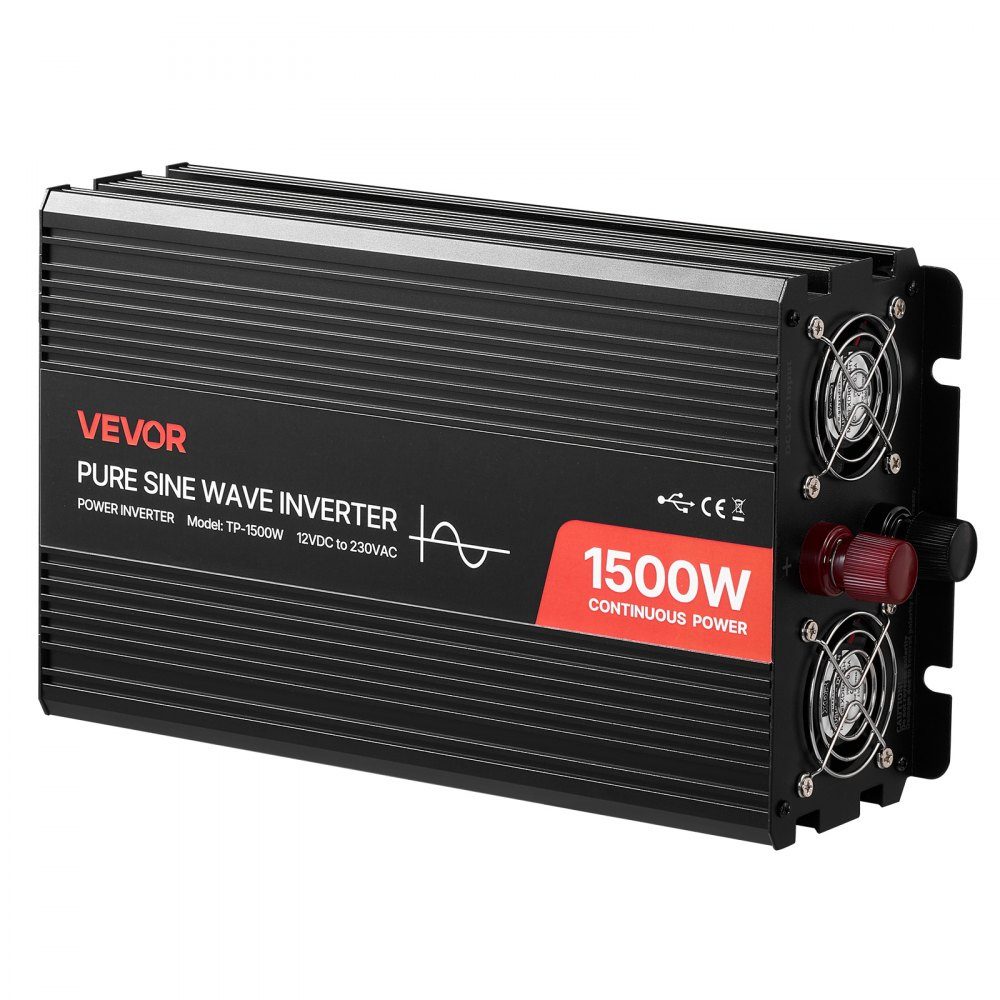 1500 W 12V DC to 230V AC Pure Sine Wave Inverter with Remote Control, USB and Type-C Ports, 2 AC Sockets, Fast Charging for RV, Truck, Outdoor Camping