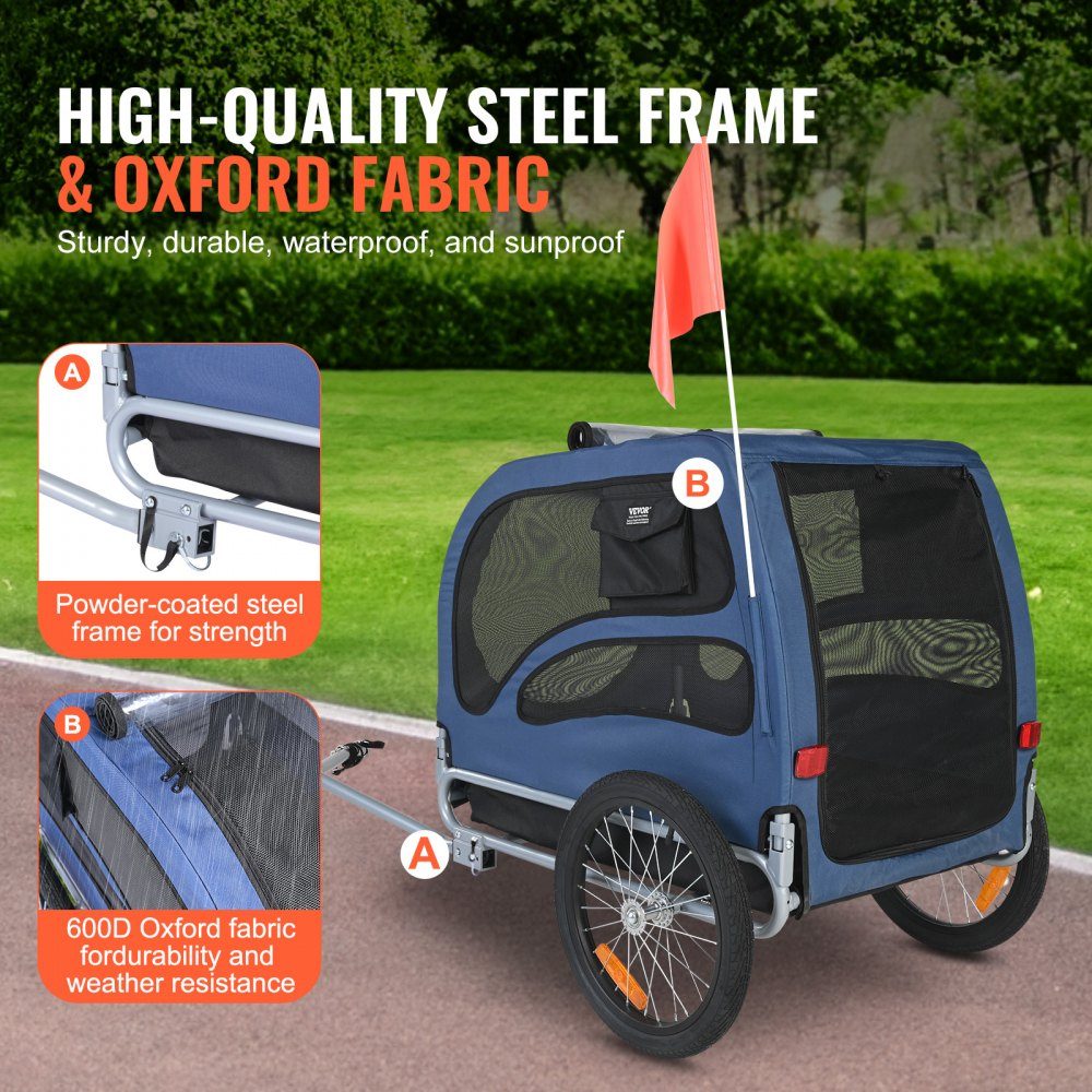 Hondenkar 45 kg Fietskar Koolstofstaal + 600D Oxford Doek + PP Opvouwbaar 1440 x 725 x 845 mm Opgevouwen aanhanger Afmeting 810 x 570 x 195 mm Blauw – Artikelnr. HT-22388