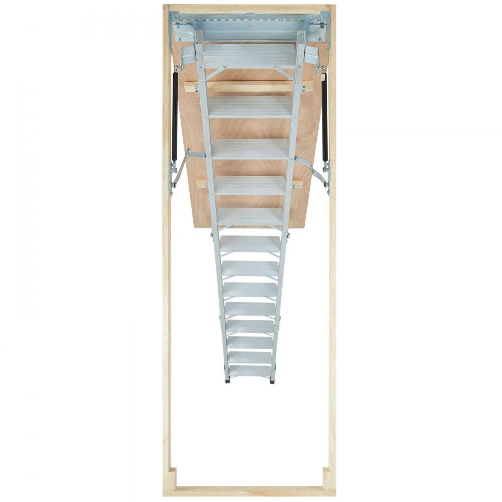 Telescopische ladder, 158,8 kg, trapladder, 12 treden, installatiehoogte van 290 tot 300 cm of 341 tot 366 cm, vouwladder, aluminium + hout, huishoudladder met hydraulisch gedempt afdaalontwerp