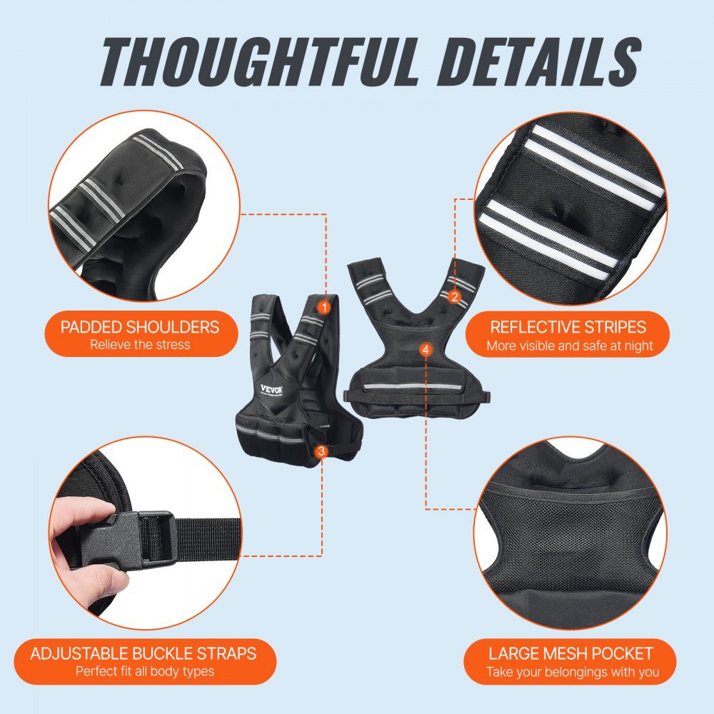 Gilet de musculation réglable 9-14,5 kg avec 6 poids de fer et de sable et bande Réf. léchissante, ensemble d'entraînement pour homme et femme, équipement d'entraînement pour la musculation, la course à pied