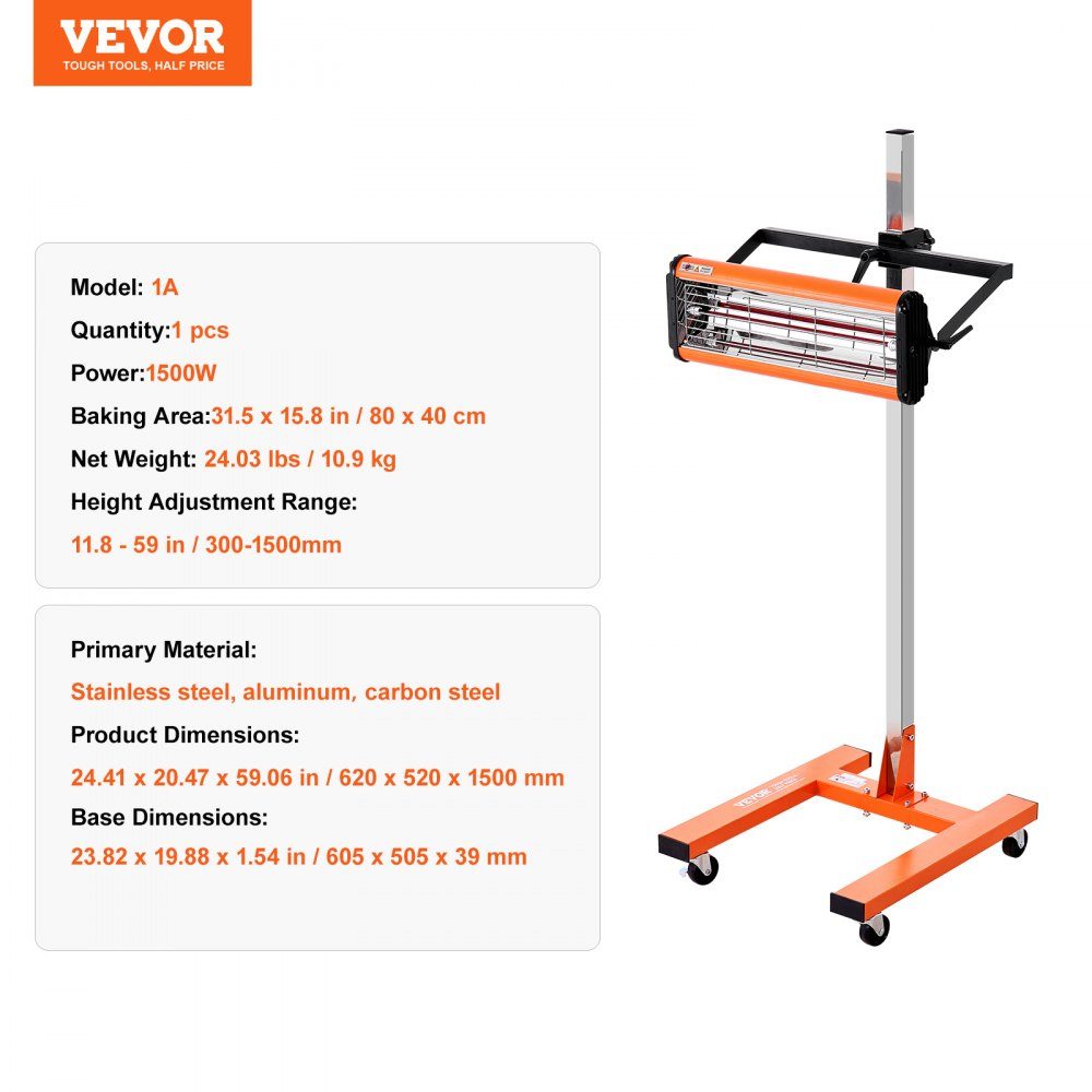 Infrared curing lamp, 1500W, 1-60 min time setting, automatic curing lamp with automatic heater and holder, 31.8 m² baking area, spray booth heaters, paint dryer