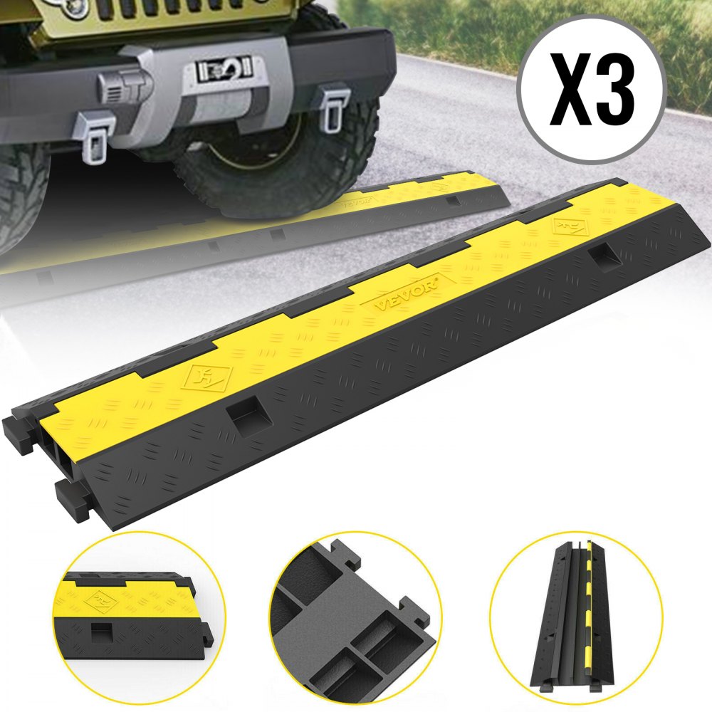 Cable protection mat, 3 pieces, 2 channels, 101 x 25 x 5 cm, overrun protection for cables, cable bridge 5T made of commercially available thermoplastic rubber with modular design for parking lots, warehouses, black Cable protection mat, 3 pieces, 2 channels, 101 x 25 x 5 cm, overrun protection for cables, cable bridge 5T made of commercially available thermoplastic rubber with modular design for parking lots, warehouses, black