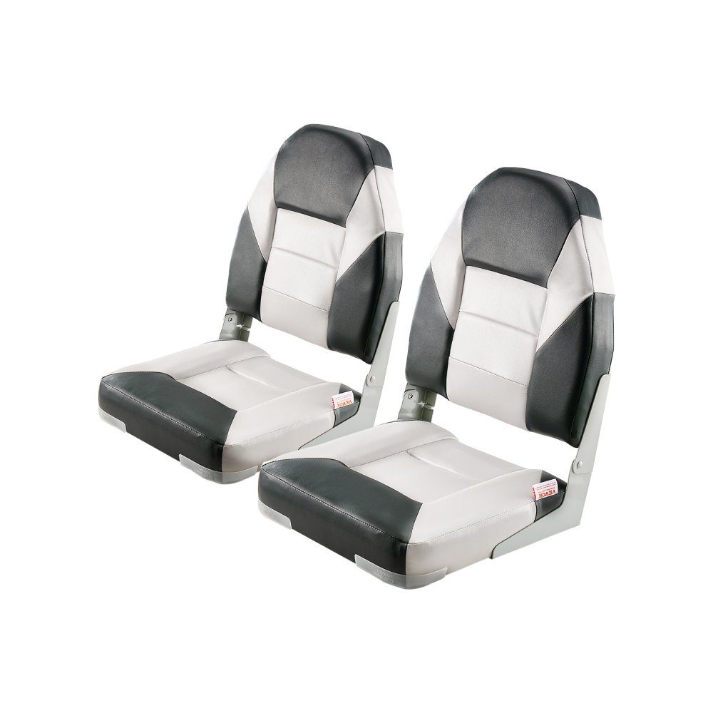 2pcs High Back Boat Seat Folding Fishing Boat Seat with Thick Sponge Cushion and Waterproof PVC Leather Aluminum Alloy Hinges Black Gray