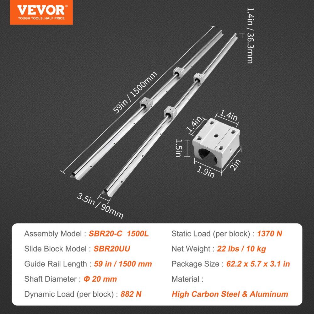 Linear Guide Linear Rail 2pcs SBR20-1500mm Carbon Steel Aluminum Guide Rail with 4pcs SBR20UU Sliding Blocks Linear Bearing Bearing Block CNC Parts for 3D Printer Milling/Lathe Machine