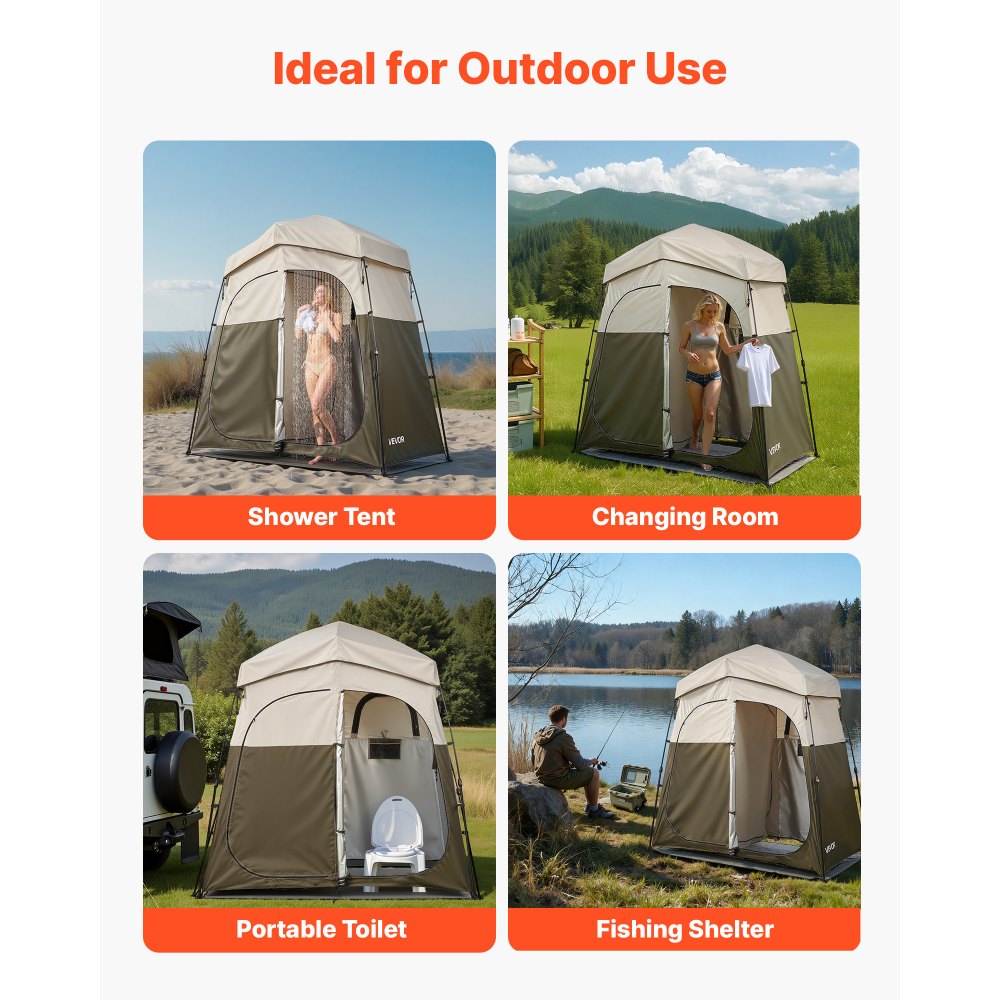 Tente de douche, tente de toilettes (2140x1120x213 cm) avec écran d'intimité et 2 pièces, tente à langer avec piquets, cordes et sac de transport, tente d'intimité en tissu Oxford 150D pour le camping, la plage, la pêche