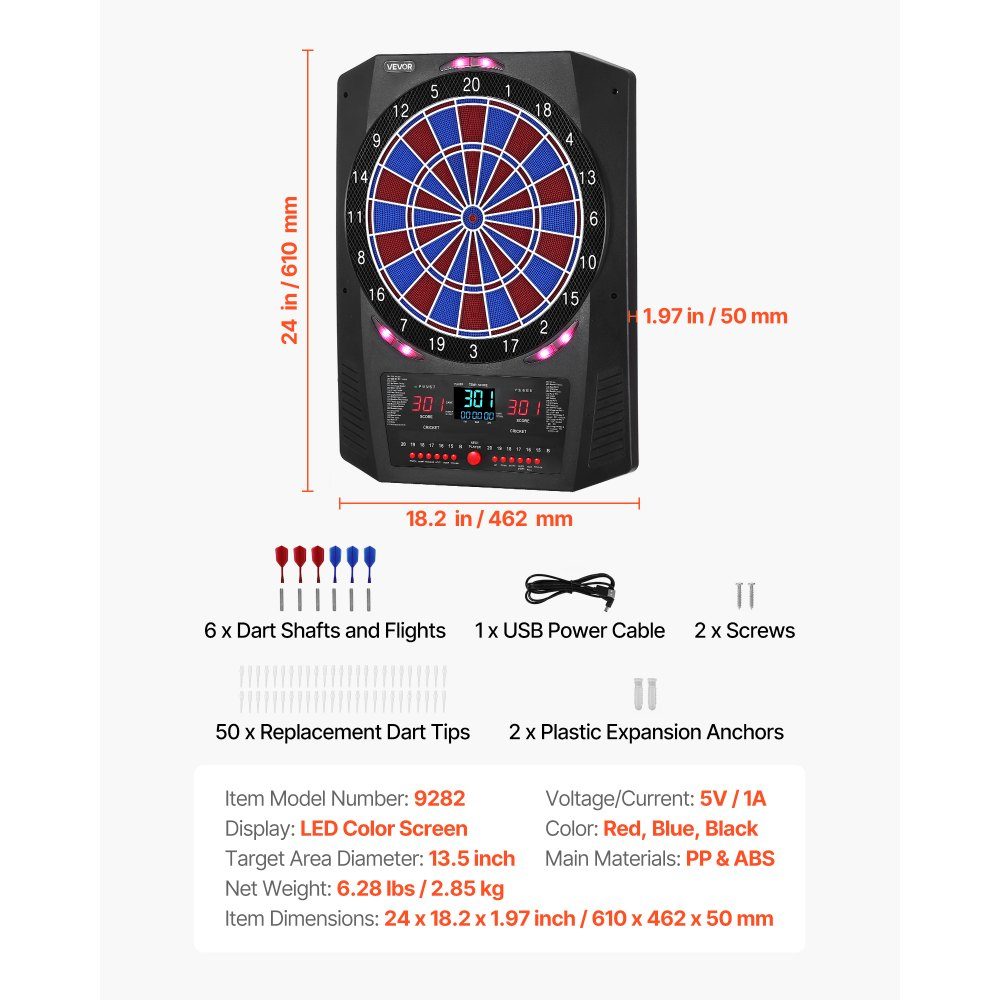 Cible de fléchettes électronique, cible de fléchettes électronique de 342,9 mm avec 45 jeux et 474 variantes pour jusqu'à 8 joueurs, 6 tiges de fléchettes avec ailettes et 50 pointes de flèches de remplacement, écran de score de cricket LED couleur