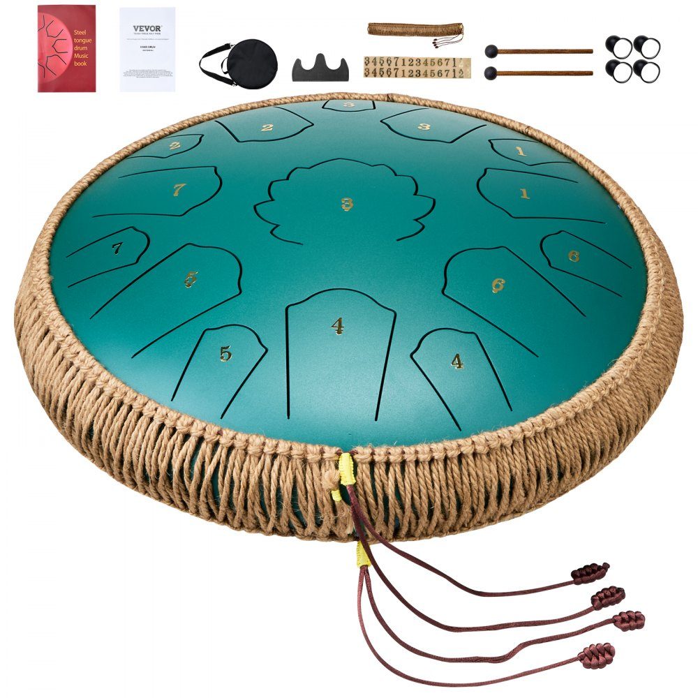 Zungentrommel 356 mm, Stahlzungentrommel 15 Noten, Regentrommel, C-Dur-Tonart, Regenglockenspiel mit 2 Schlägeln und Tragetasche, Handpan-Trommel, Schlaginstrument für Musikunterricht und Yoga, Grün