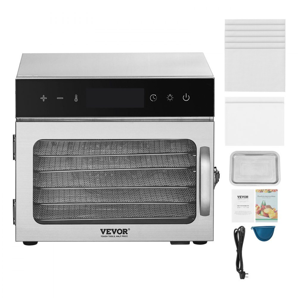 Dehydrator Dehydrator 6 roestvrijstalen kommen, 400 W elektrische voedseldroger met instelbare temperatuur, vriesdroger voor gedroogd vlees, vlees, fruit, groenten, kruiden, hondenkoekjes