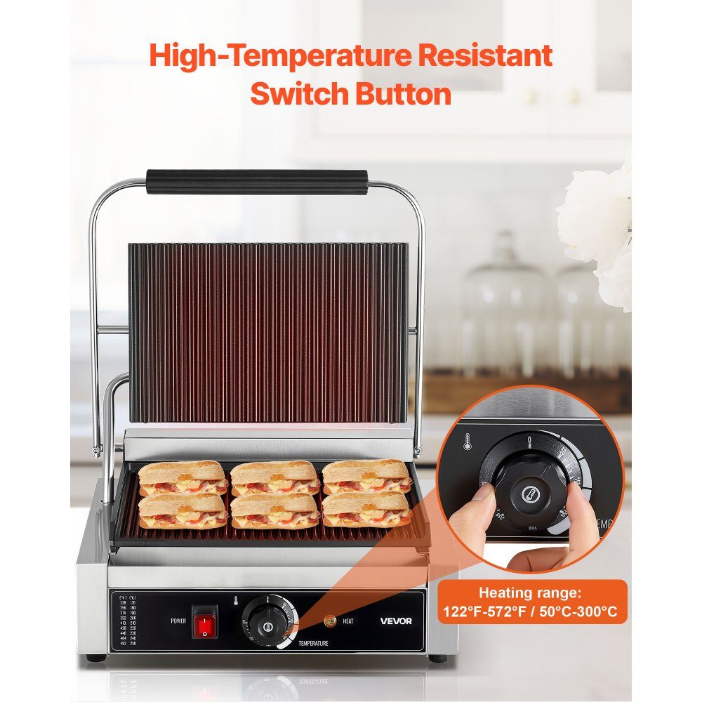 Commercial Panini Grill, Contact Grill 2200 W, for Sandwiches, Steak, Bacon, Hamburgers, Sandwich Maker, Stainless Steel Press Grill with Handle & Temperature Controller & 34 x 23 cm Heating Plate, Panini Press