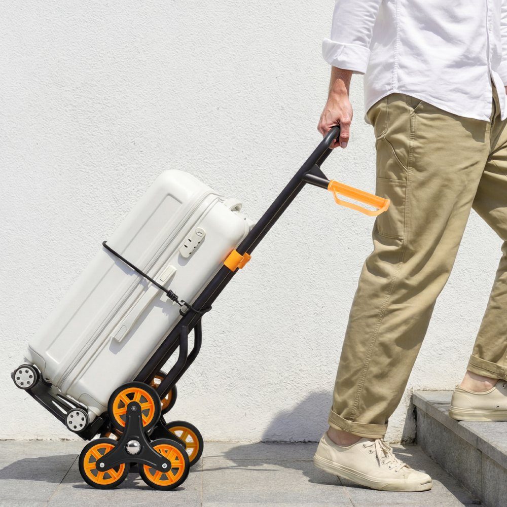 Folding stair hand truck, hand truck 150 kg load capacity, stair climber with 6 wheels & 2 tension straps, transport trolley, stair truck, stacking truck, ideal for household, shopping & storage