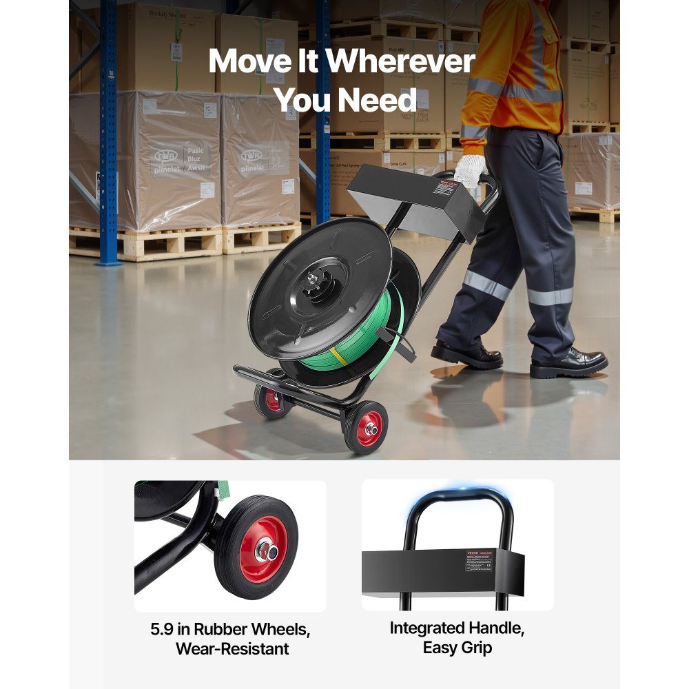 Dispenser, suitable for PET/PP/polyester strapping rolls with 203 mm core size, strapping dispenser with improved braking system, integrated spacious storage space for tools