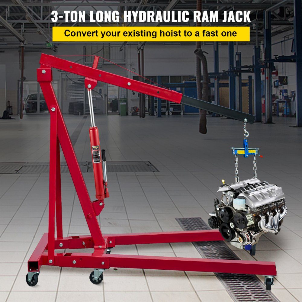 3T Capacity Hydraulic Long Ram Jack Single Piston Pump and Clevis Base Manual Elevating Platform Jack with Handle for Workshop Cranes Engine Hoists Red