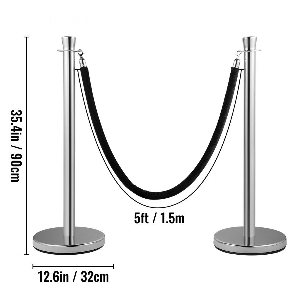 2 piece crowd control stake set with 1.5m black velvet rope, silver crowd control barrier with sturdy concrete and metal base - easy to assemble
