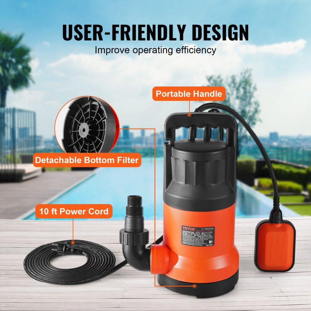 Schmutzwasserpumpe, 400 W, 9500 l/h, hoher Durchfluss, 7,9 m Förderhöhe, Tauchpumpe, tragbare Wasserpumpe mit 3 m Netzkabel zum Pumpen von Wasser aus Schwimmbad, Gartenteich, Keller
