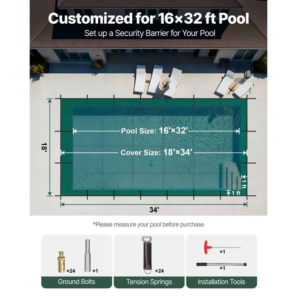 Pool tarpaulin, suitable for rectangular, in-ground pools (4.9 x 9.8 m), safety cover with drainage holes, opaque mesh cover for swimming pools, winter tarpaulin, green