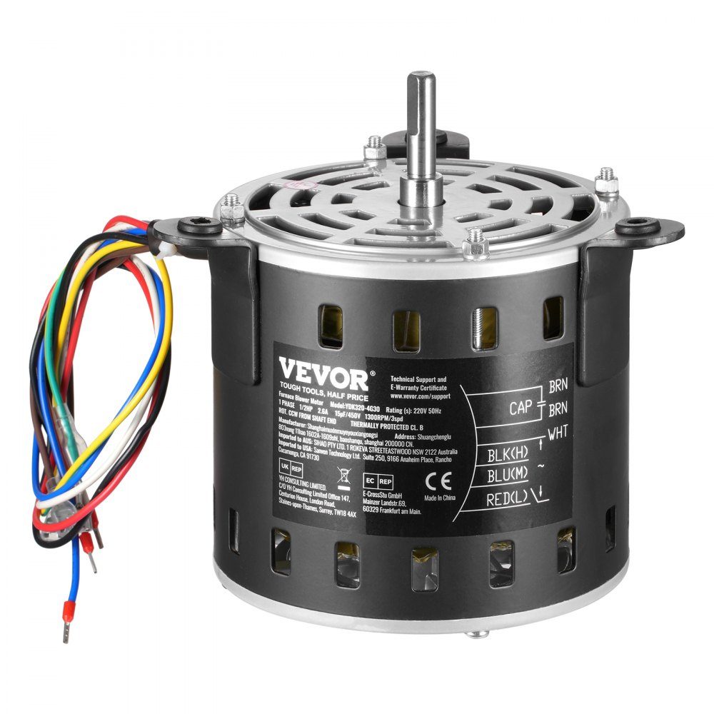 Moteur de ventilateur 1/2HP 220V 2,6Amp 1300RPM 3 vitesses (1300/1100/800RPM) Diamètre d'arbre de 10 mm Arbre de 20 mm ROUGE CCW à partir de l'extrémité de l'arbre, y compris condensateur CBB60 15μF/450V