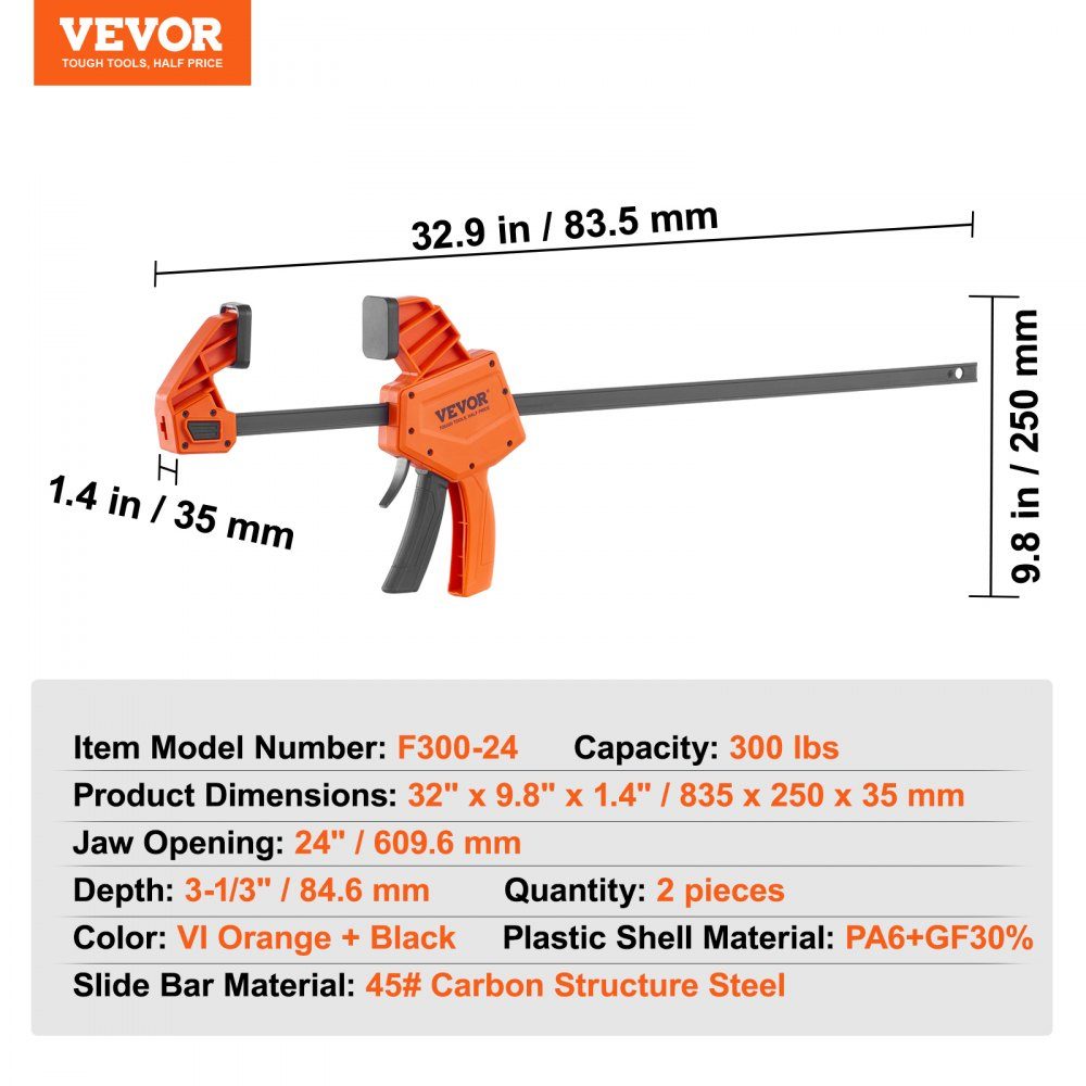 2 x eenhandklem 609,6 mm bekopening snelspanklem 136 kg draagvermogen klem schroefklem ideaal voor het snijden, verbinden en monteren van houten producten of staalmaterialen
