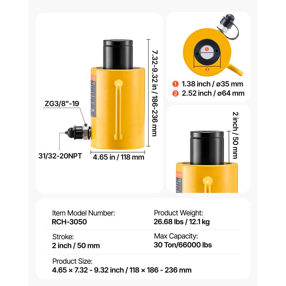 Hydraulic Cylinder Jack Capacity 30 Ton Hydraulic Cylinder 50mm Stroke Single Acting Portable Yellow Hydraulic Cylinder Hollow Piston Jack Hydraulic Bottle 10.8kg for Rigger Manufacturer