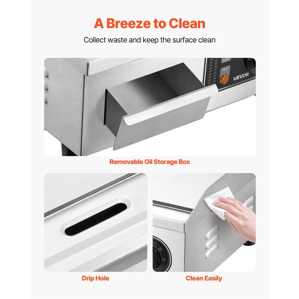 Plaque de grill électrique 2000 W 355 x 300 mm (surface de grill), 50-300 °C Plaque de grill gastro en acier inoxydable (boîtier) plaque de grill de table avec 2 spatules & 2 brosses & 4 repose-pieds, pour steaks, crêpes