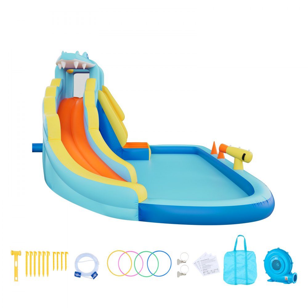 Aufblasbare Wasserhüpfburg Outdoor (353 x 400 x 235 cm), Hüpfburg mit Wasserrutsche (Krokodil-Optik) & Kletterwand & Planschbecken & Wasserring-Wurfspiel, für 3-4 Kinder (3 bis 8 Jahre alt)