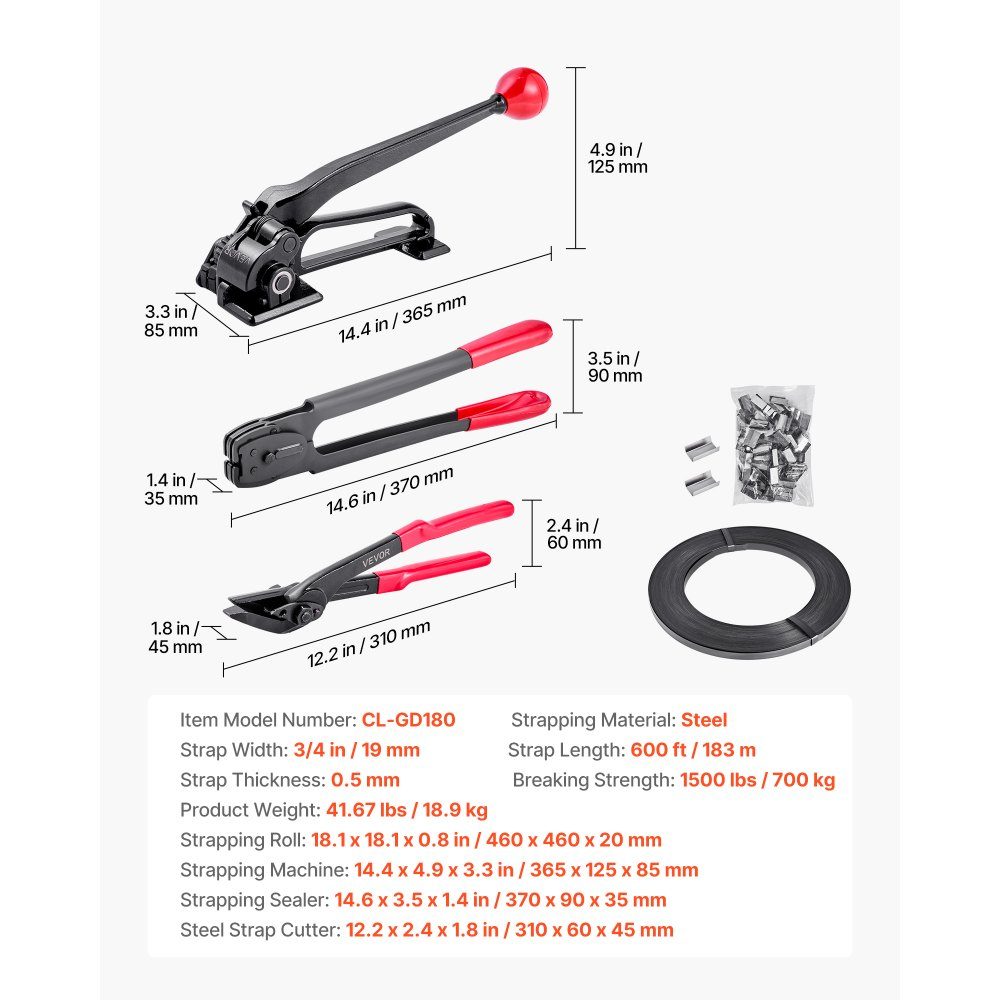 5 piece steel strapping set, manual strapping tool with 183m metal strap, 300 metal clamps and cutters, perfect workshop equipment for industrial packaging, transport and storage