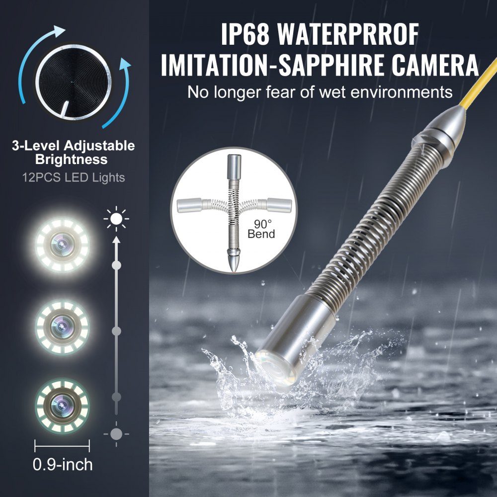 Kamera do kanalizacji 70m, samopoziomująca kamera do inspekcji rur z 512-Hz-Sender, licznik odległości, ekran 9 cali, kamera do rur HD 1080P z 12 diodami LED i 32-GB-Karte do rur kanalizacyjnych, endoskop – Nr kat. HT-24630