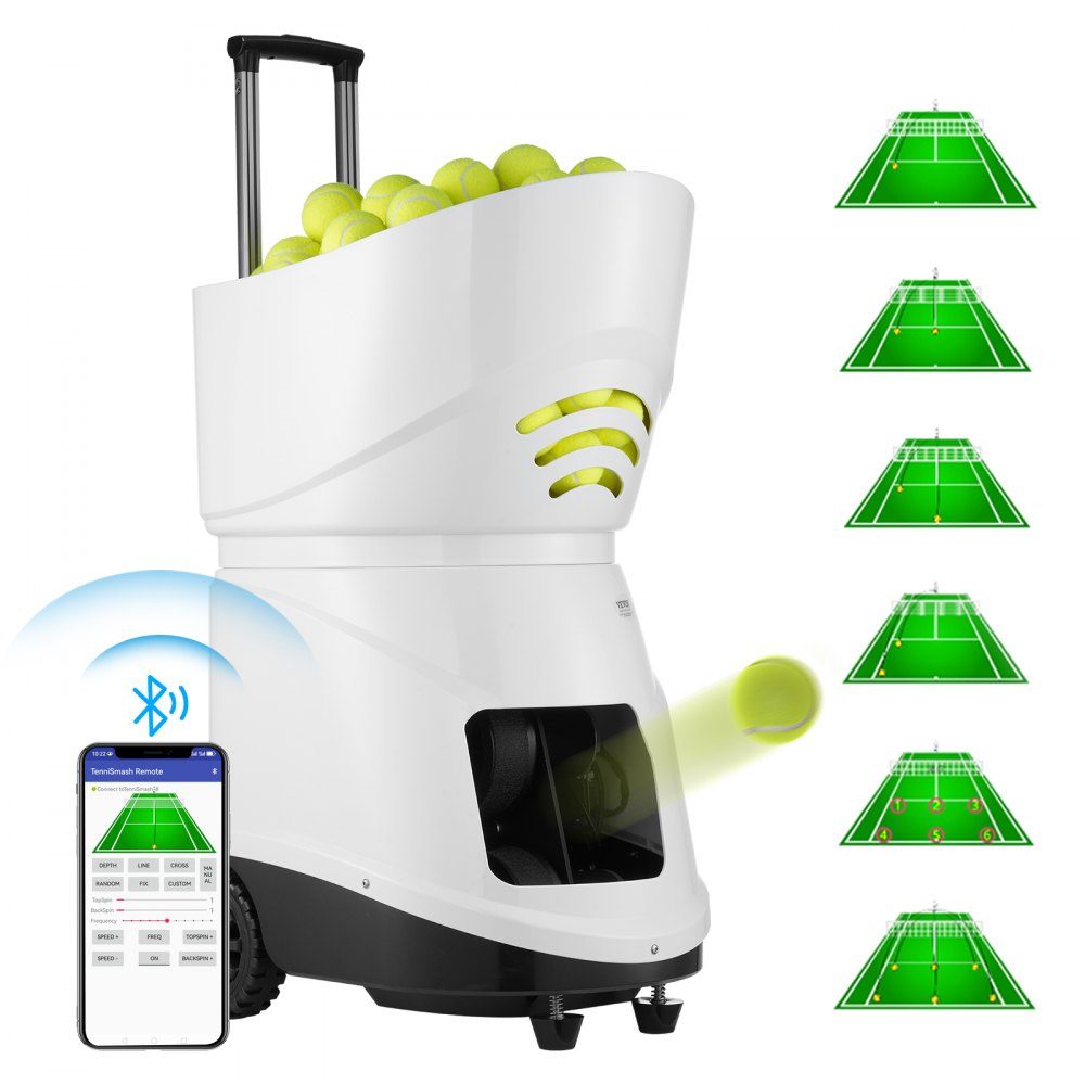 Tennis Ball Machine, Automatic Portable Tennis Ball Launcher, 150 Ball Practice Launcher, Tennis Training, 5 Motors, Multi-Mode Exercises, Over 2 Hours Playtime, Rechargeable Battery, App Remote Control