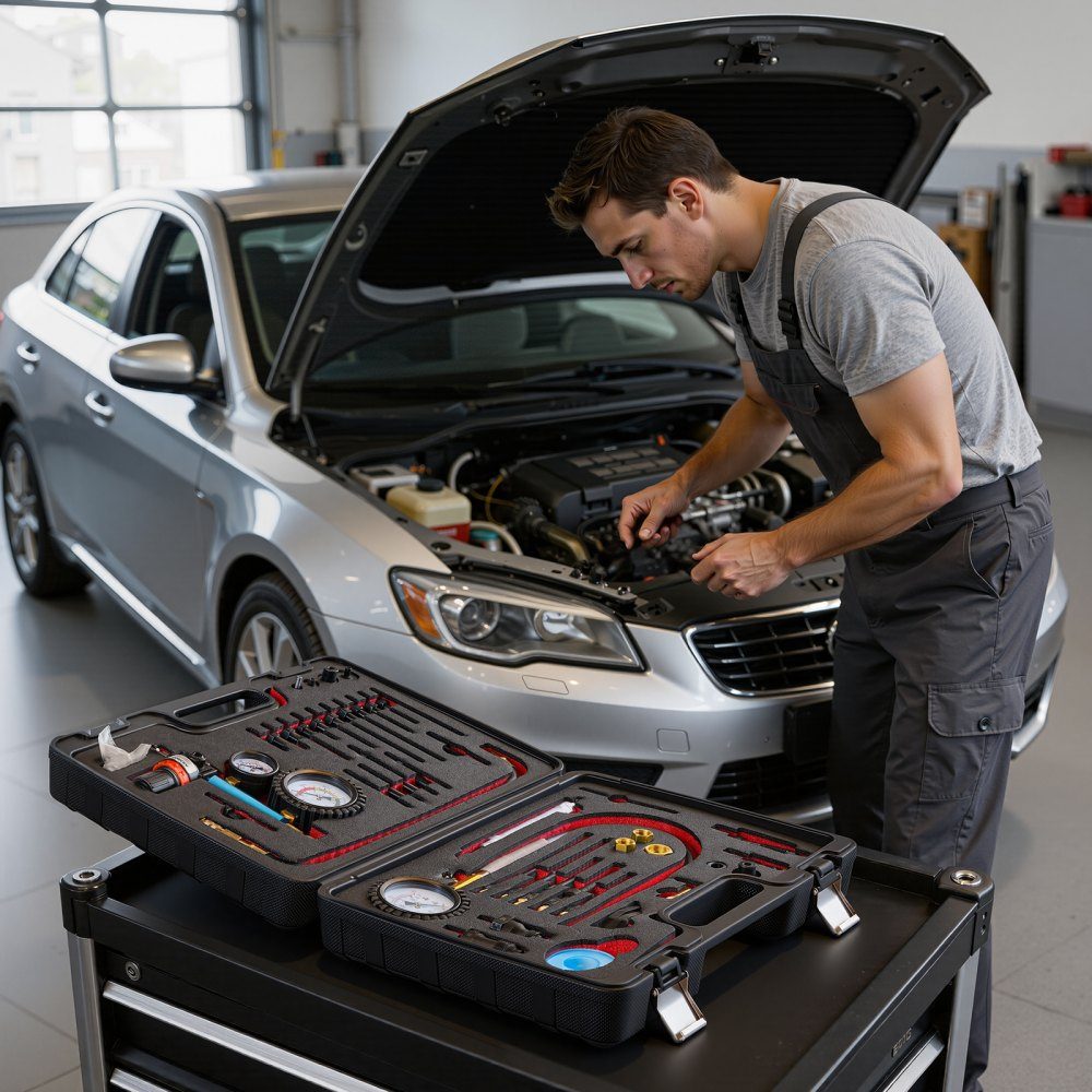 Engine Cylinder Pressure Loss Tester, Pressure Gauge (0-700psi), Leakage Gauge (0-100psi), Cylinder Pressure Tester with 4 Adapters, Automotive Compression Test Kit, Pressure Test and Leak Rate Measurement