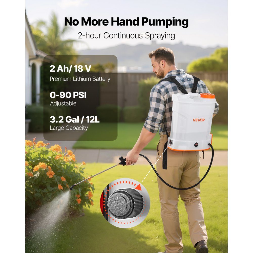 Cordless Sprayer, 12L Electric Backpack Pressure Sprayer, 2 Retractable Wands and 5 Nozzles, Adjustable from 0-6 Bar, 2 Hours Running Time, Portable Pump Sprayer for Yard, Garden and Lawn