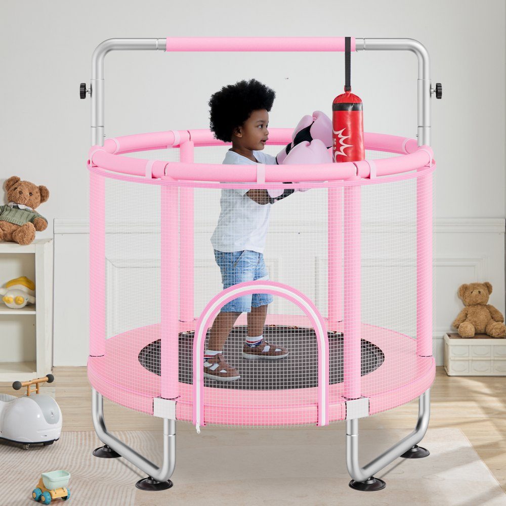 Kindertrampolin, Mini-Freizeittrampolin 147 cm, für Kleinkinder, verstellbar, mit Sicherheitsnetz & Basketballkorb, Geburtstagsgeschenk, Weihnachtsspielzeug für Kinder ab 3 Jahren, Rosa
