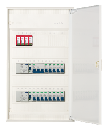Meter cabinet, fuse box, distribution box, construction site electricity Hager sub-distribution, flush-mounted cavity wall, surge protection, wired Hager VU36NC