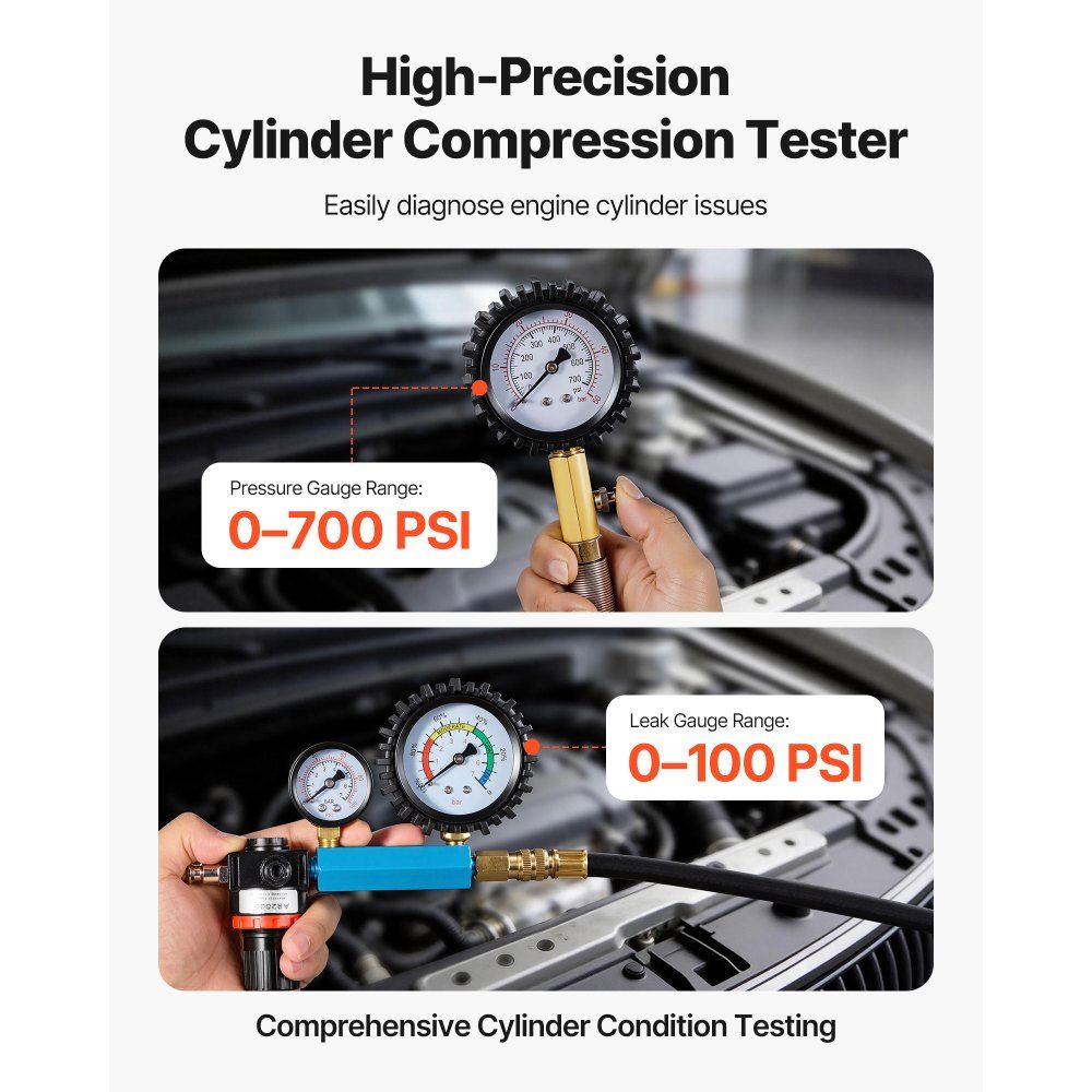 Engine Cylinder Pressure Loss Tester, Pressure Gauge (0-700psi), Leakage Gauge (0-100psi), Cylinder Pressure Tester with 4 Adapters, Automotive Compression Test Kit, Pressure Test and Leak Rate Measurement