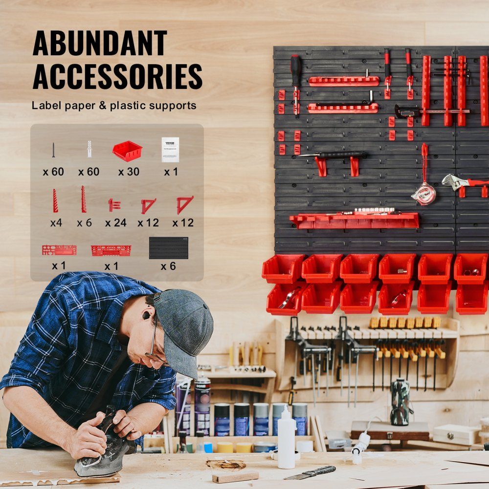 Stacking Boxes, 30 Container Pieces Shelf Organizer for Garage, Plastic Shop Tool with Wall Panels/Tool Holders/Hooks, for Nuts, Bolts, Screws, Nails, Beads, Buttons, Black/Red