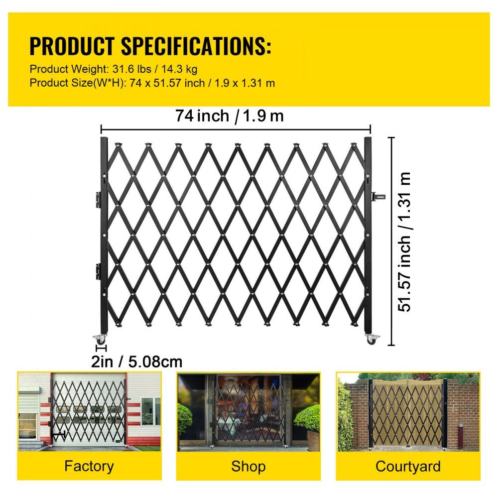 Single security gate, folding door gate, steel accordion security gate, 190×131cm (W×H) expandable security gate, 360° rolling barricade gate, scissor gate or padlocked door