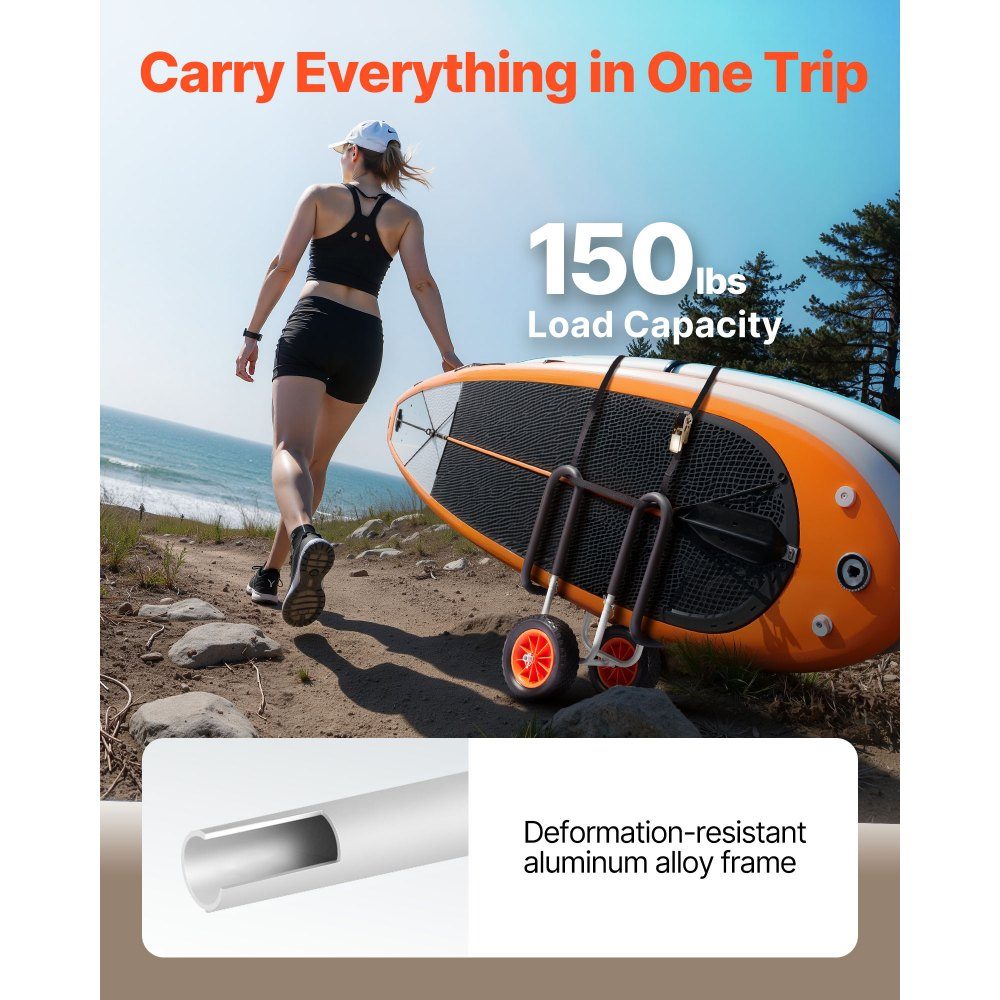 Transportwagen, 68 kg, Stand Up Paddle Board Trolley mit 25,4 cm Vollgummireifen, Schaumstoffpolsterung, Spanngurt, ideale Transporthilfe für Paddleboards und Surfbretter, 520 x 500 x 680 mm