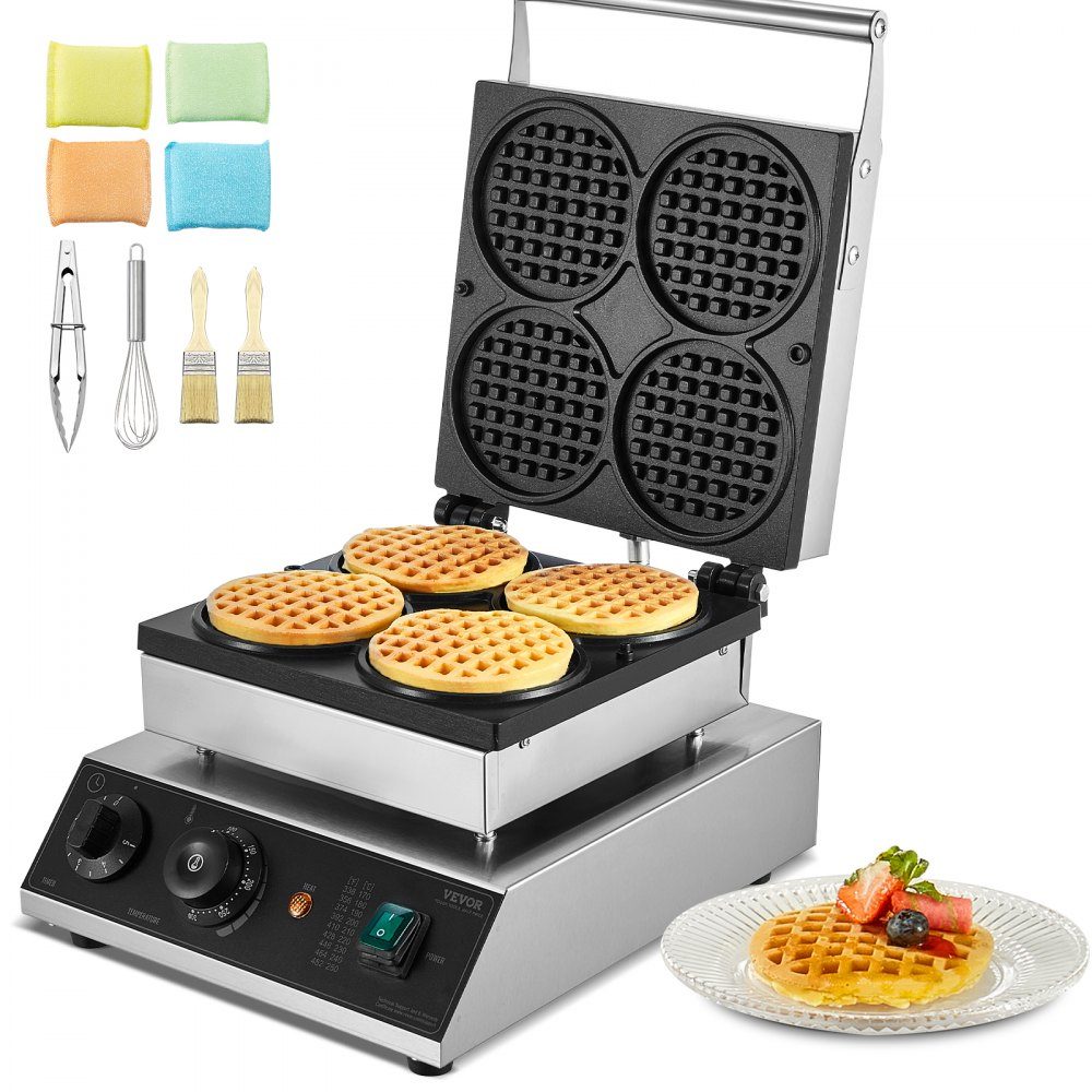 Commercial Waffle Maker Waffle Maker 1750W Non-Stick Stainless Steel Belgian Waffle Maker with Temperature and Time Control for Restaurant Bakery Snack Bar 4 Round Waffles