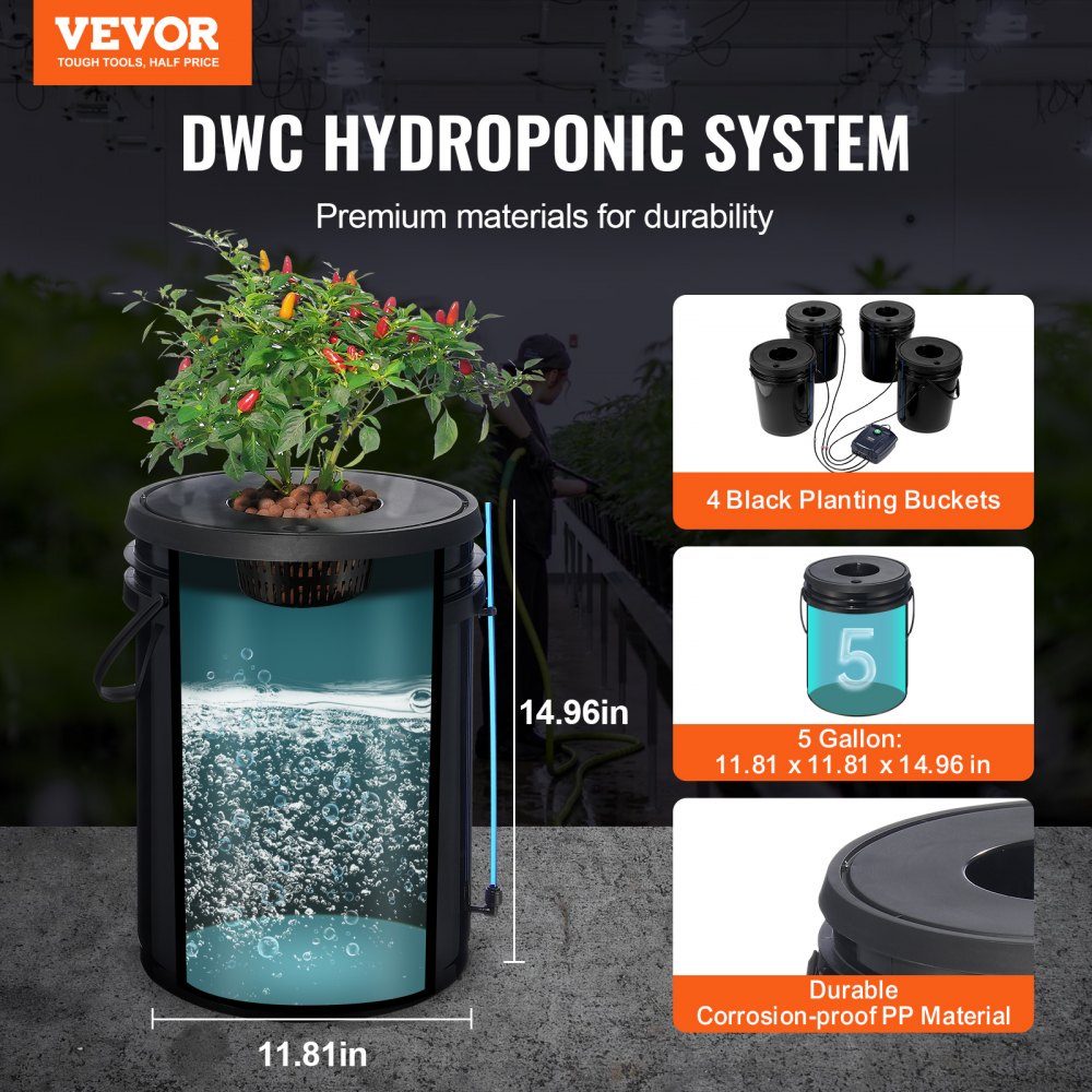 DWC Hydroponics Grow System, Hydroponic Growing System, Deep Water Culture 5 Gallonen 4 Eimer, DWC System mit Luftpumpe, Luftsteinen und Wasserstandsanzeige für Blattgemüse