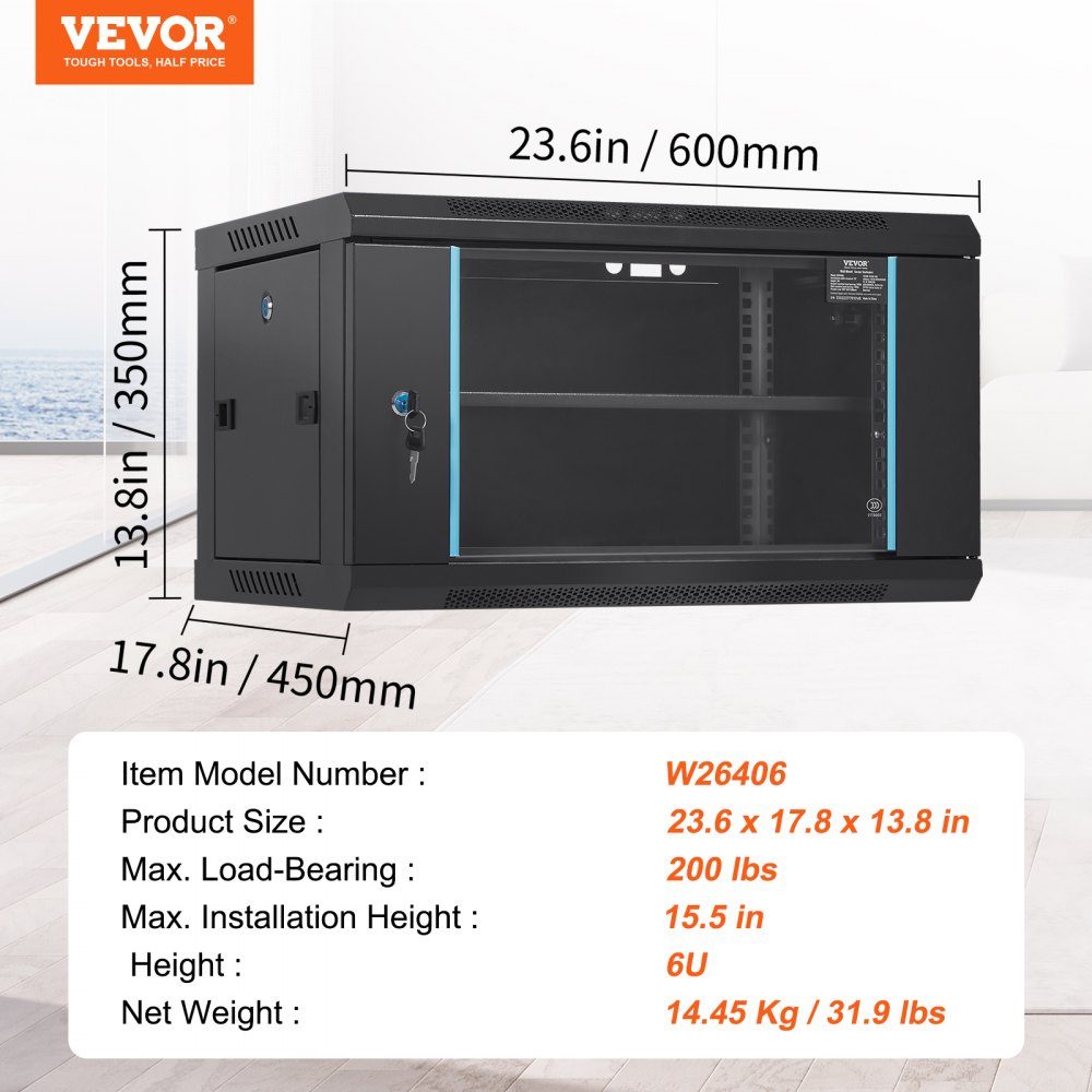 6U Wall Mount Network Server Cabinet, 15.5" Deep Server Rack Cabinet Enclosure, Max 200lbs, Floor Mount Load Capacity, with Lockable Glass Door Side Panels, for IT Equipment, A/V Equipment