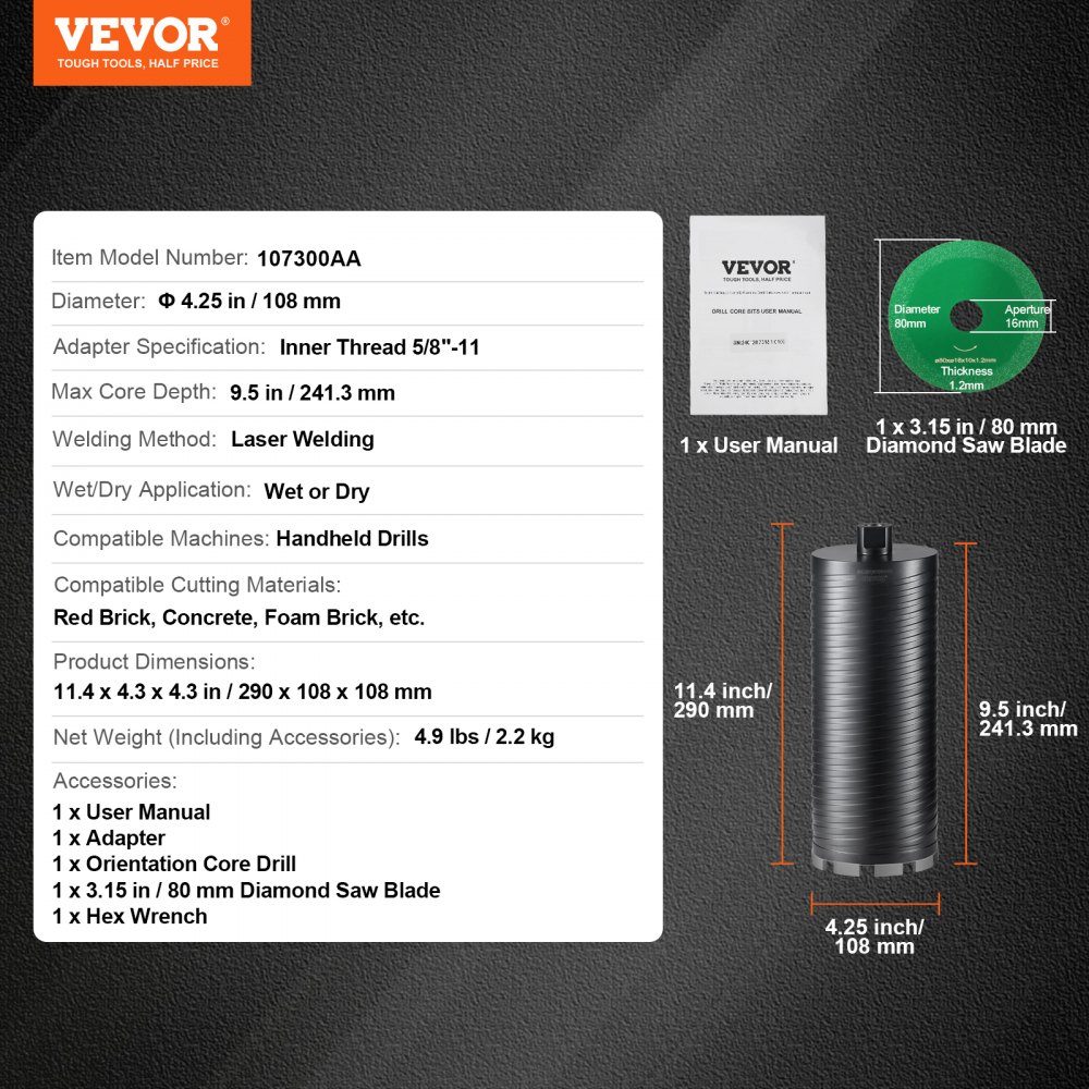 Diamond Core Drill, 108mm Wet/Dry Diamond Core Drill for Bricks and Blocks, Concrete Core Drill with Guide Drill and Saw Blade, 241.3mm Drilling Depth, 5/8"-11 Female Thread