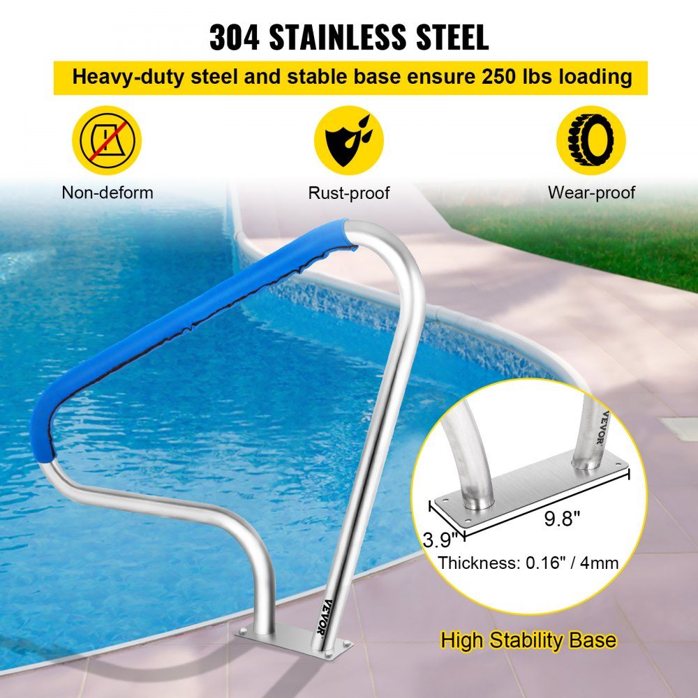 Schwimmbad-Handlauf 121,9 x 91,5 cm, Pool-Haltegriff 4,8 cm, Einstiegshilfe aus Edelstahl, Pool-Kurven-Design, Griffbogen mit Griffabdeckung und Zubehör, ideal für Schwimmbäder mit geneigter Position, Spa-Wasserpark