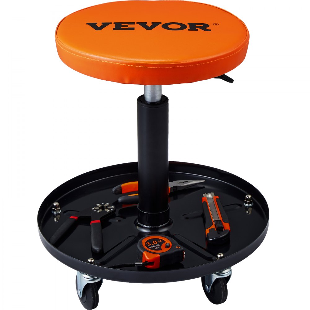 Rolling Mechanic Stool, Workshop Stool, 250 lbs, 16"-22" Height Adjustable Workshop Seat, Workshop Stool with Tool Tray, for Garage, Shop, Car Repair, Black + Orange Rolling Mechanic Stool, Workshop Stool, 250 lbs, 16"-22" Height Adjustable Workshop Seat, Workshop Stool with Tool Tray, for Garage, Shop, Car Repair, Black + Orange