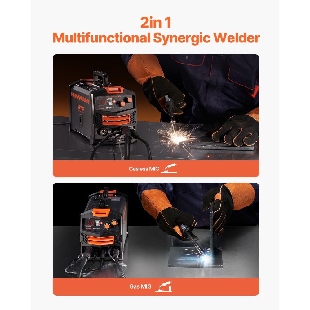 Soudeuse MIG, machine à souder MIG synergique 130 A, soudeuse multi-procédés à fil fourré MIG/sans gaz MIG 2 en 1, soudeuse MIG avec technologie d'onduleur IGBT et écran d'affichage numérique