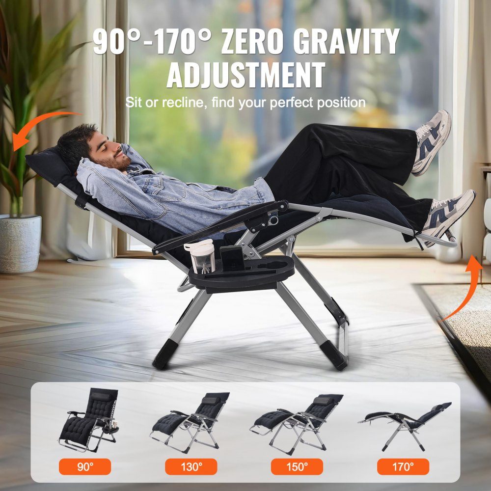 Zero Gravity Chair, 33" Indoor Outdoor Zero Gravity Recliner Chair, Adjustable Anti-Gravity Chair with Pillow, Headrest, Footrest and Cup Holder, 500 Pounds, Black