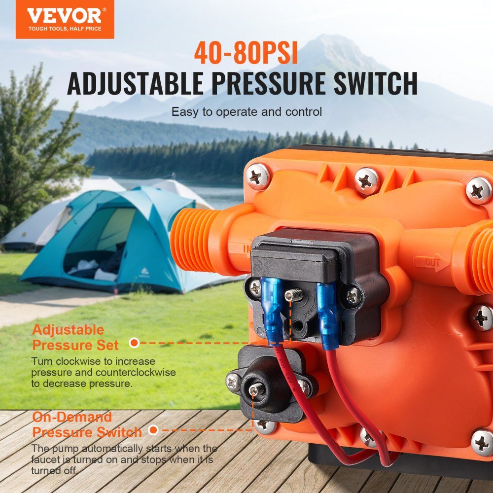 12-V-Membranpumpe, 11,36 l/min, 4-Kammer-Gleichstrom-Wasserpumpe mit automatischem Druckschalter, 40–100 PSI, verstellbar, 55 PSI, 1/2 Zoll MNPT-Anschluss für Wohnmobil, Yacht, Food Truck, Camper, Marine