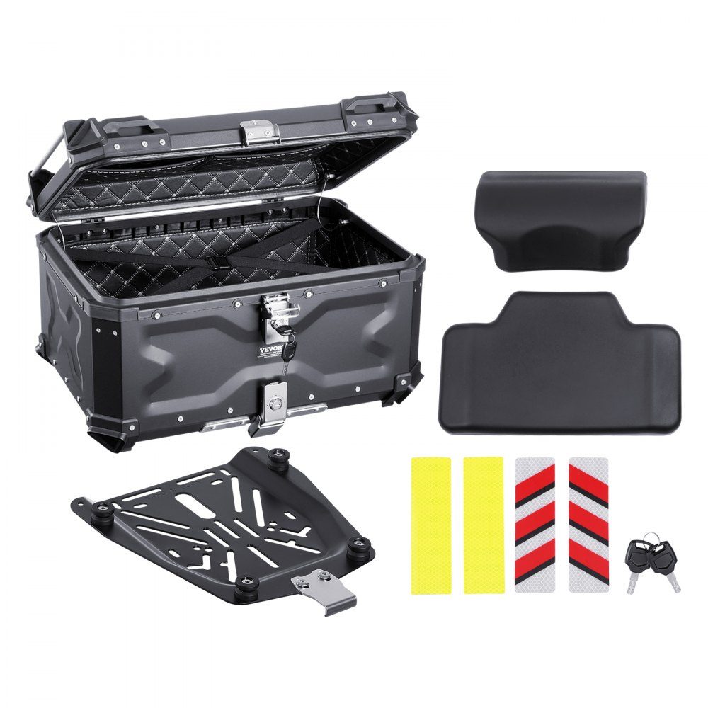Motorcycle Top Box, Motorcycle Case, 65L, Aluminum Alloy Rear Box with Leather Lining, Removable Motorcycle Top Box with Lock and Back Pad, Helmet Case (565 x 500 x 380mm), Black
