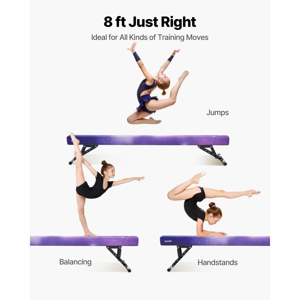 Poutre de gymnastique pour enfants 241 cm réglable en hauteur (5 niveaux), poutre de gymnastique porteuse de 158,7 kg, poutre d'équilibre pour salle de gym, Galaxy