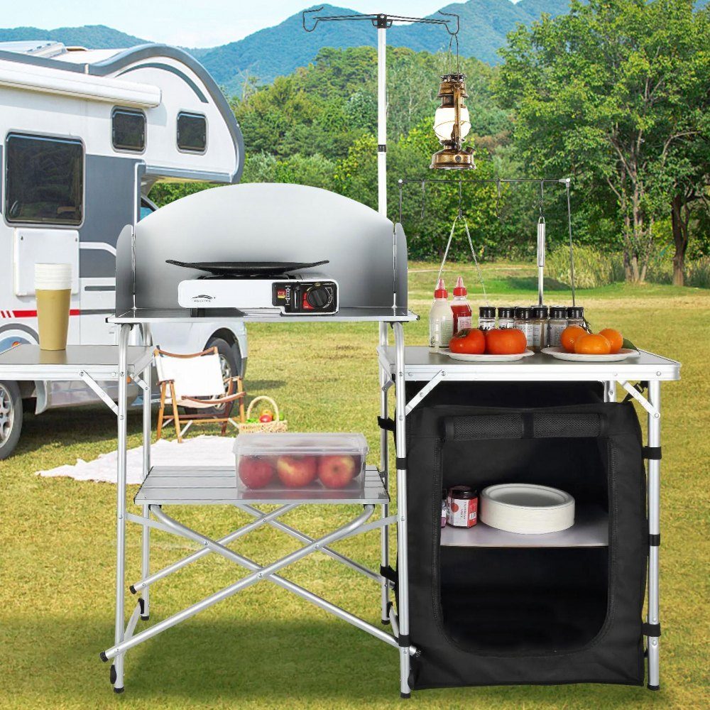 Cuisine de camping d'extérieur pliable 78 x 49 x 13 cm, armoire de camping en aluminium, cuisine de camping avec protection contre le vent, meubles de camping, cuisine de voyage incl. crochets et poteau de lampe 66-121 cm, placard de cuisine, table de cam