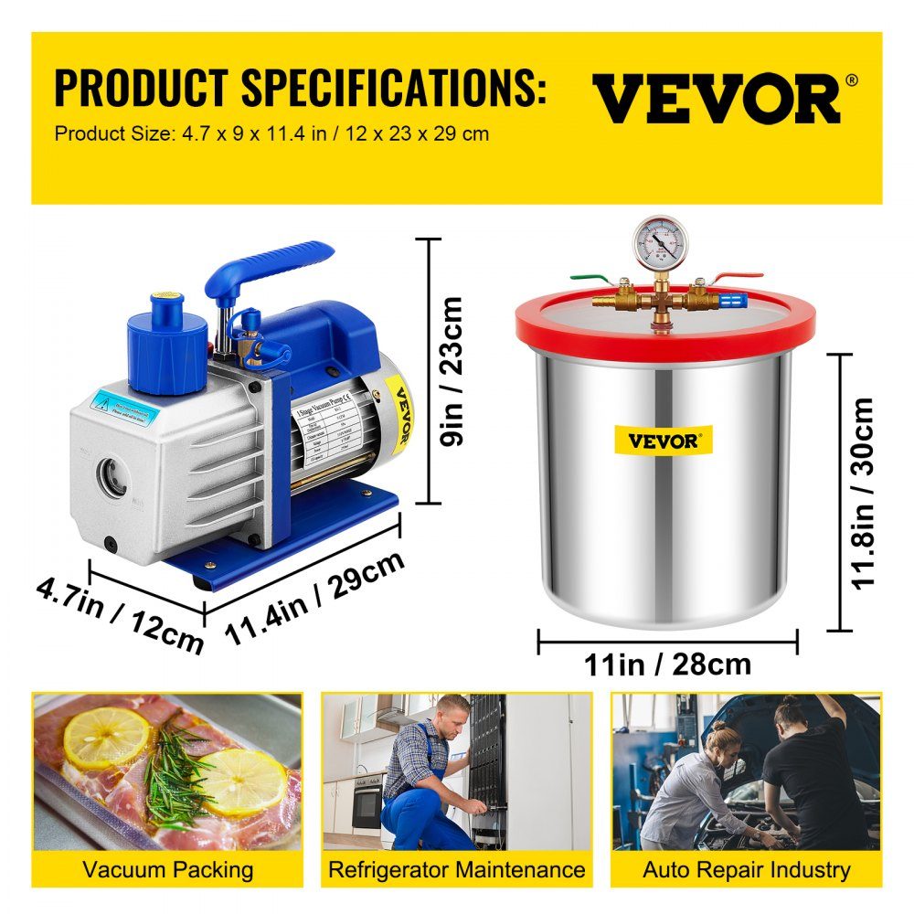 Vacuümpomp, vacuümpomp, vacuümkamerset, 19L, 142L/min, 1/3 PK, 1 trap
