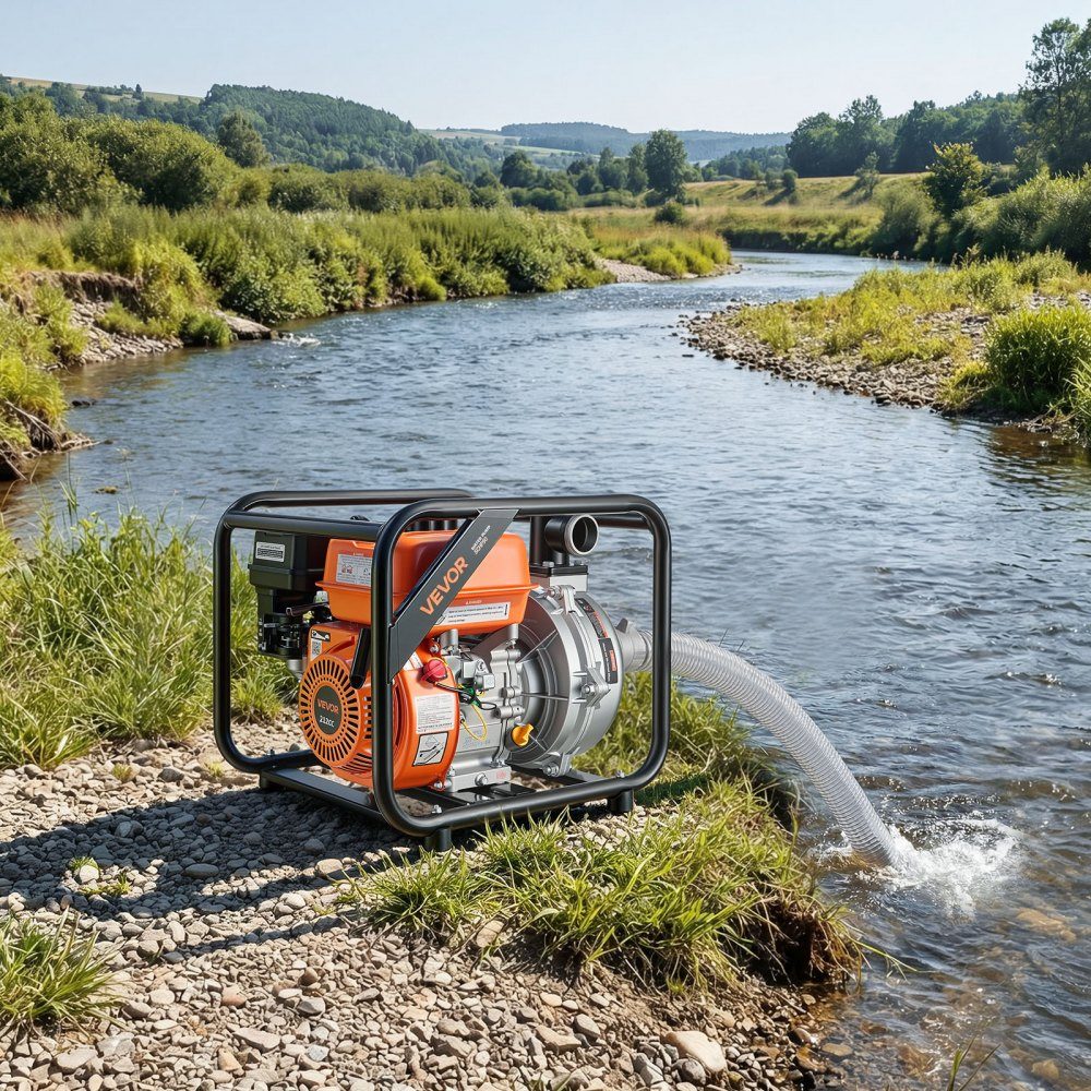 Benzin-Wasserpumpe 49,9 m Förderhöhe, Schmutzwasserpumpe 6 PS, tragbare Motorpumpe, Benzinmotor mit 762 cm Auslaufschlauch, Gusslaufrad, Gartenpumpe für Bewässerung, Teiche & Pools