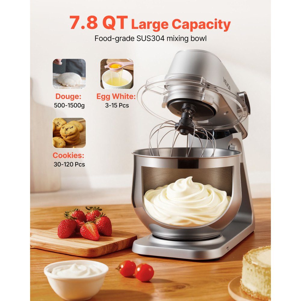 Kneading machine, food processor for baking, 1800 W dough machine with stainless steel bowls (7.4 l) and dough hook, beater and whisk, 10-way adjustable tilt mixer, stand mixer